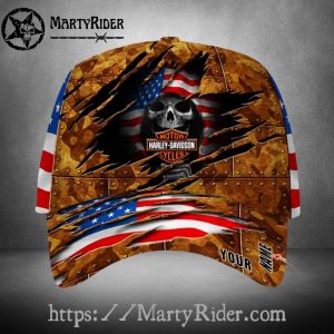 Ripped Steel Skull Harley Davidson Caps – Flag Design