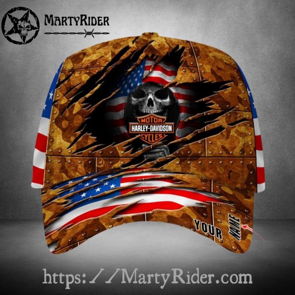 Ripped Steel Skull Harley Davidson Caps – Flag Design