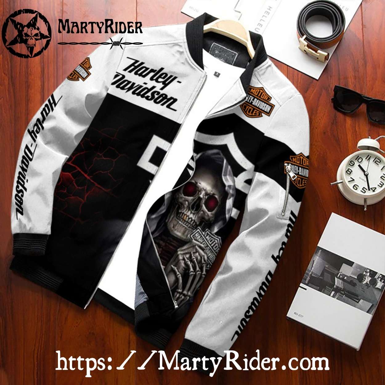 Skeleton Poker Black White Harley Davidson Bomber Jacket Skeleton Poker Black White Harley Davidson Bomber Jacket