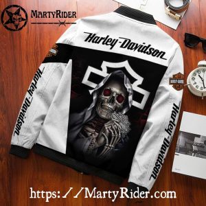 Skeleton Poker Black White Harley Davidson Bomber Jacket 3