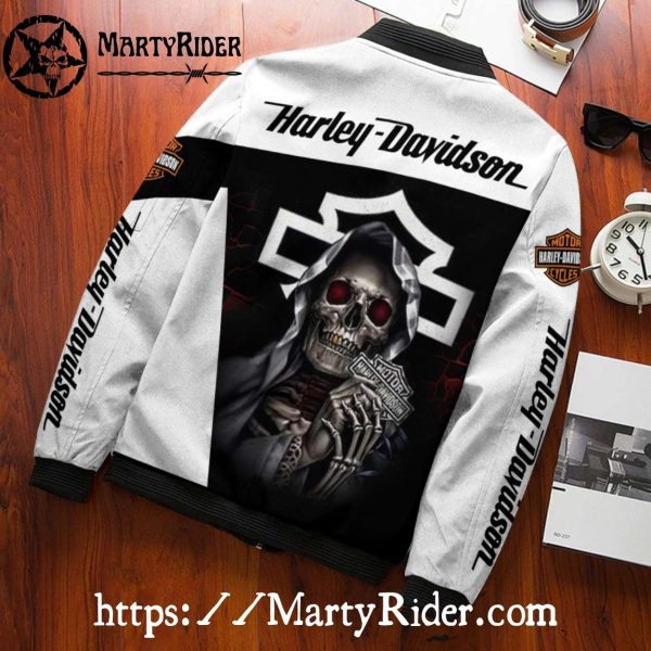 Skeleton Poker Black White Harley Davidson Bomber Jacket