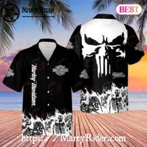 Skeleton Punisher Harley Davidson Aloha Shirt In Monochrome