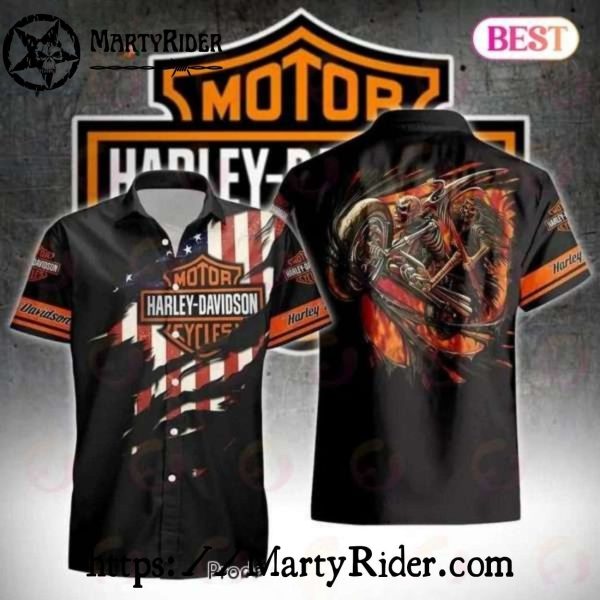 Skeleton Rider In Flames Harley Davidson Hawaiian Shirt