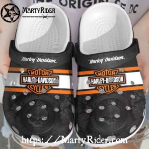 Skull Badge Harley Davidson Crocs with Black Texture Design