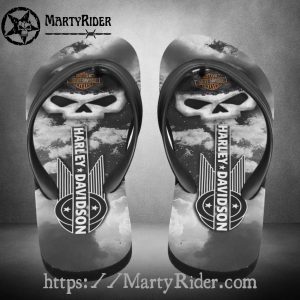 Skull Clouds Harley Davidson Flip Flops Monochrome