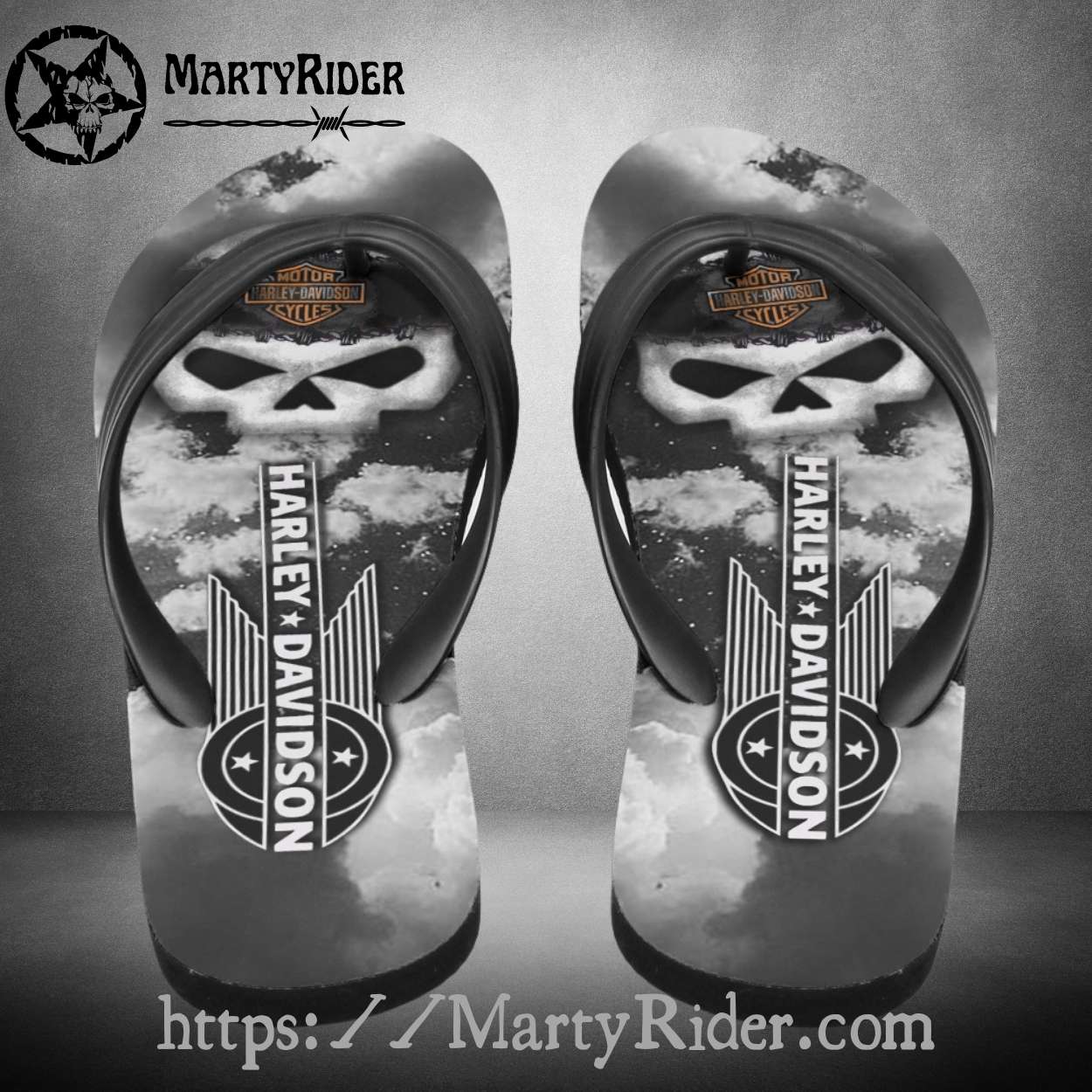 Skull Clouds Harley Davidson Flip Flops Monochrome Skull Clouds Harley Davidson Flip Flops Monochrome