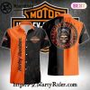 Skull Punisher Harley Davidson Aloha Shirt With Blue Stripes
