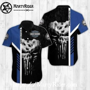 Skull Punisher Harley Davidson Aloha Shirt With Blue Stripes