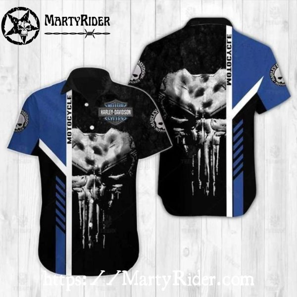 Skull Punisher Harley Davidson Aloha Shirt With Blue Stripes