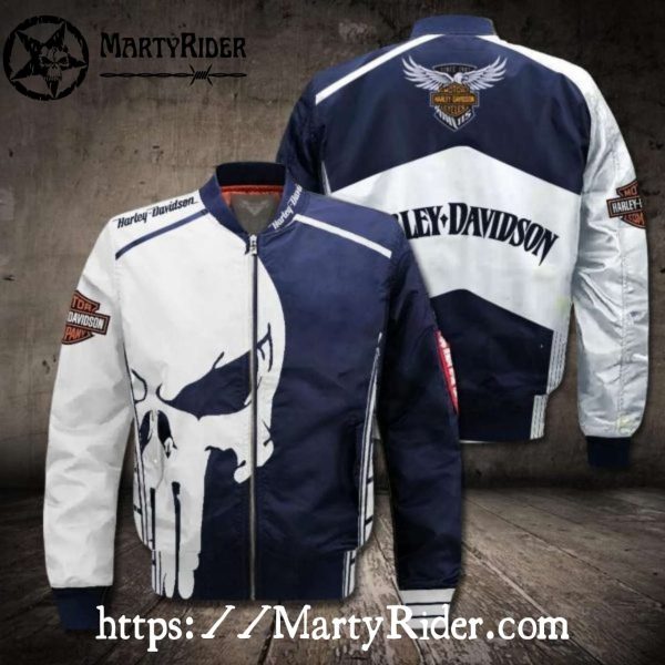 Skull Punisher Navy and White Harley Davidson Bomber Jacket