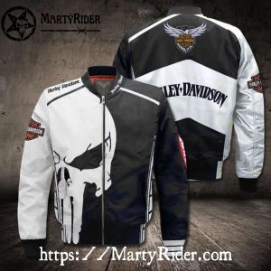 Skull Punisher White and Black Harley Davidson Bomber Jacket
