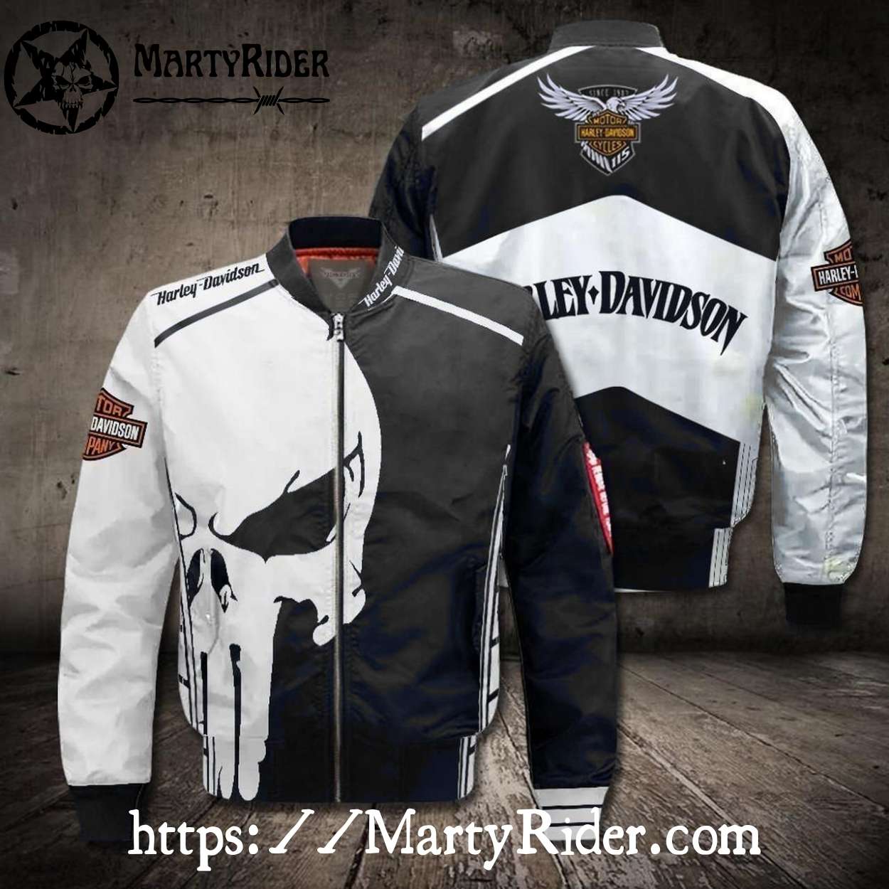 Skull Punisher White and Black Harley Davidson Bomber Jacket Skull Punisher White and Black Harley Davidson Bomber Jacket