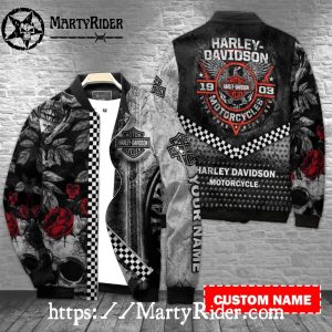 Skull Rose Checkered bomber jacket Harley Davidson Style