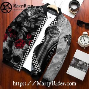 Skull Rose Checkered bomber jacket Harley Davidson Style