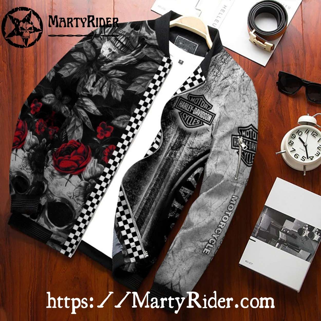 Skull Rose Checkered bomber jacket Harley Davidson Style Skull Rose Checkered bomber jacket Harley Davidson Style