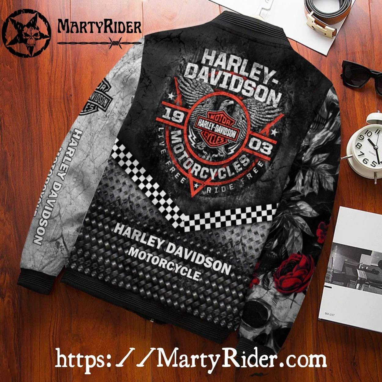 Skull Rose Checkered bomber jacket Harley Davidson Style Skull Rose Checkered bomber jacket Harley Davidson Style
