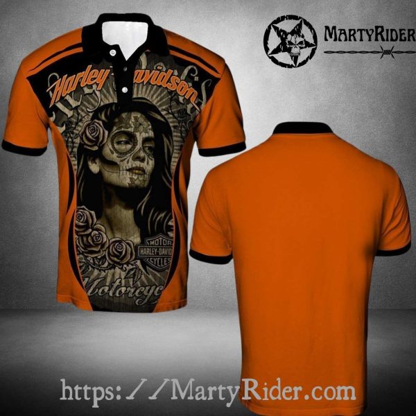 Skull Rose Tattoo Style Harley Davidson Polo Shirt