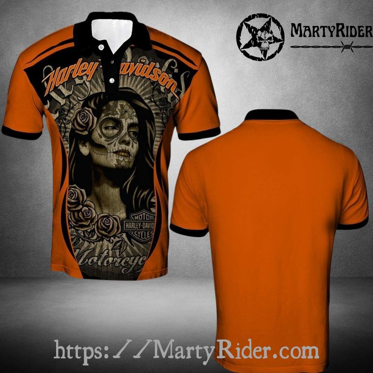 Skull Rose Tattoo Style Harley Davidson Polo Shirt Skull Rose Tattoo Style Harley Davidson Polo Shirt
