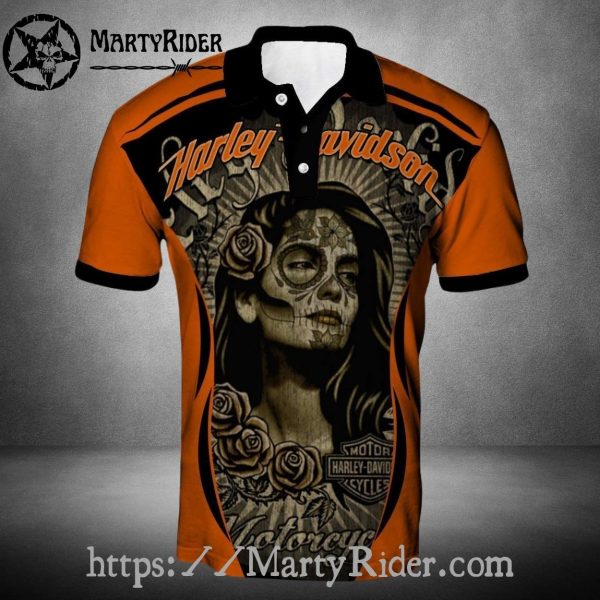 Skull Rose Tattoo Style Harley Davidson Polo Shirt