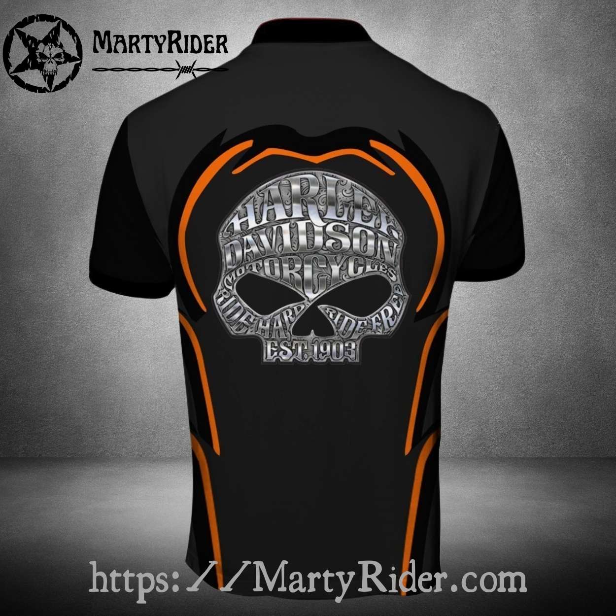 Skull Shadow Design Harley Davidson Polo Shirt in Black Skull Shadow Design Harley Davidson Polo Shirt in Black