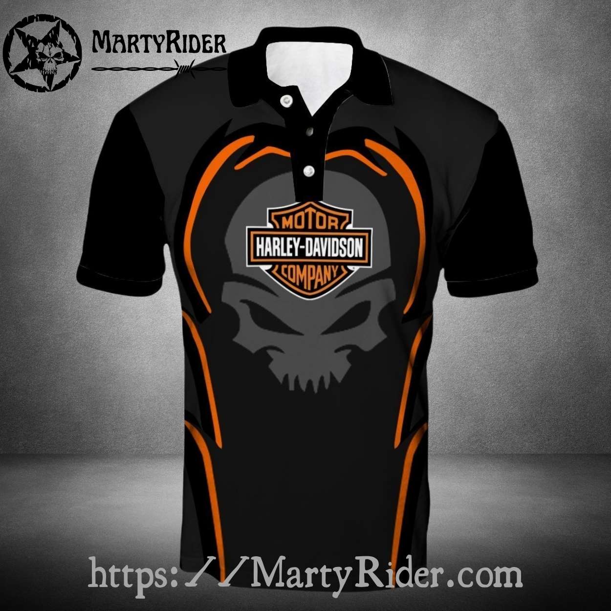Skull Shadow Design Harley Davidson Polo Shirt in Black Skull Shadow Design Harley Davidson Polo Shirt in Black
