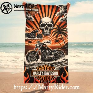Skull and Twin Bikes Harley Davidson Beach Towels 3