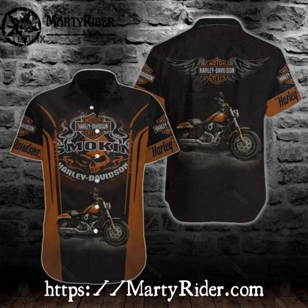 Smokin’ Bike Harley Davidson Hawaiian Shirt In Black And Orange