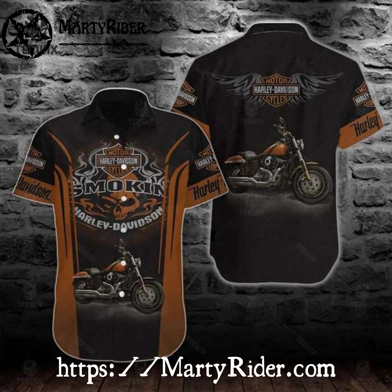 Smokin’ Bike Harley Davidson Hawaiian Shirt In Black And Orange Smokin’ Bike Harley Davidson Hawaiian Shirt In Black And Orange