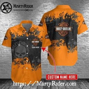 Splatter Design Harley Davidson Aloha Shirt In Black And Orange Theme
