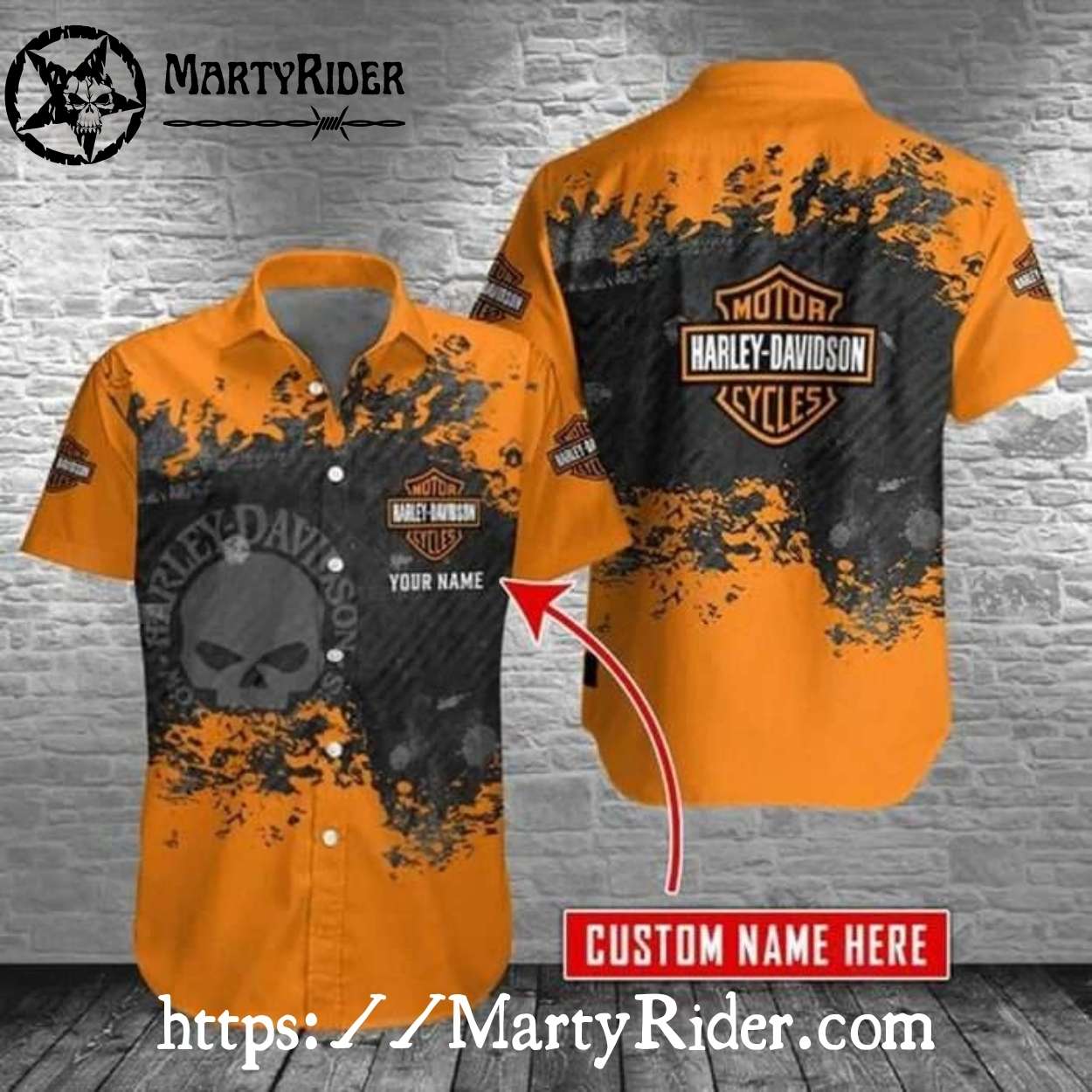 Splatter Design Harley Davidson Aloha Shirt In Black And Orange Theme Splatter Design Harley Davidson Aloha Shirt In Black And Orange Theme
