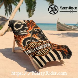 Striped Skull Flame Harley Davidson Beach Towels