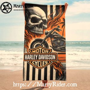 Striped Skull Flame Harley Davidson Beach Towels