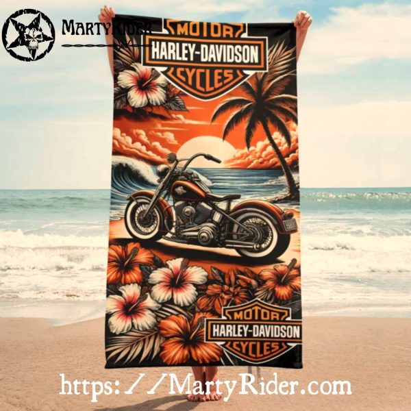Sunset Ride and Hibiscus Harley Davidson Beach Towels
