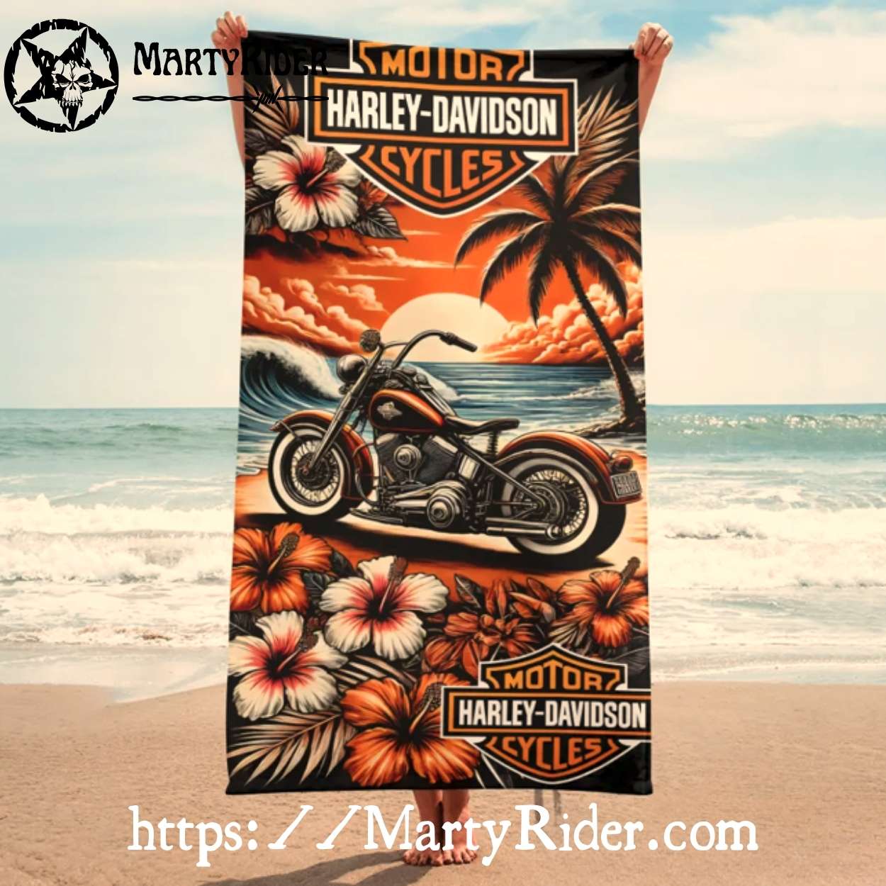 Sunset Ride and Hibiscus Harley Davidson Beach Towels Sunset Ride and Hibiscus Harley Davidson Beach Towels