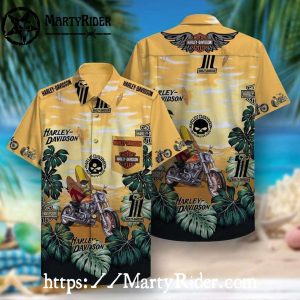 Sunset Surf Rider Harley Davidson Aloha Shirt Yellow