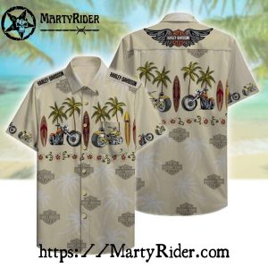Surfboards And Bikes Harley Davidson Hawaiian Shirt Tan
