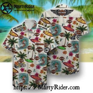 Surfing Paradise Harley Davidson Aloha Shirt With Palms