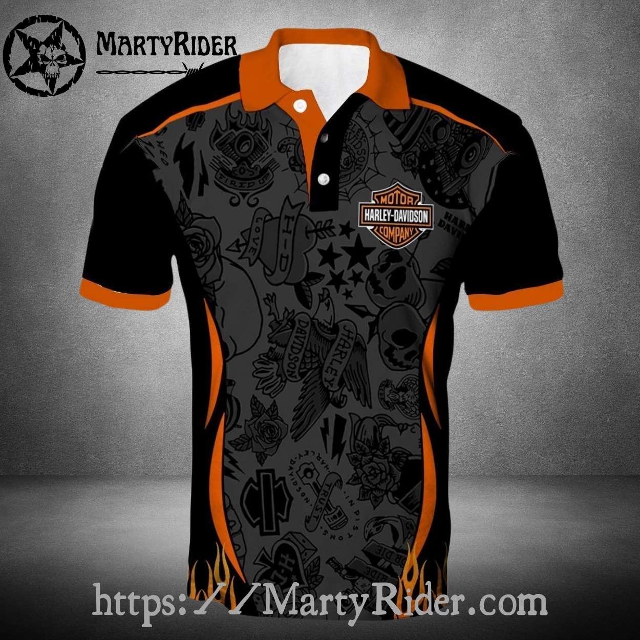 Tattoo Pattern Harley Davidson Polo Shirt with Flames Tattoo Pattern Harley Davidson Polo Shirt with Flames