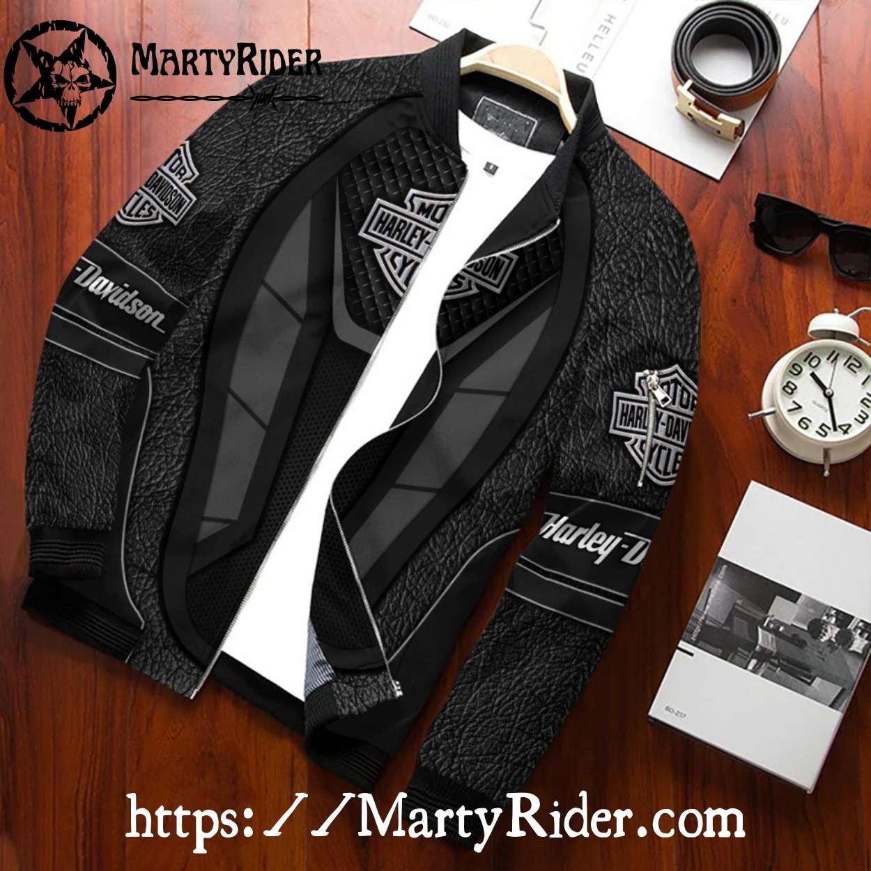 Textured Black Leather Harley Davidson Bomber Jacket Textured Black Leather Harley Davidson Bomber Jacket