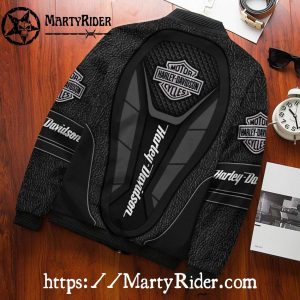 Textured Black Leather Harley Davidson Bomber Jacket