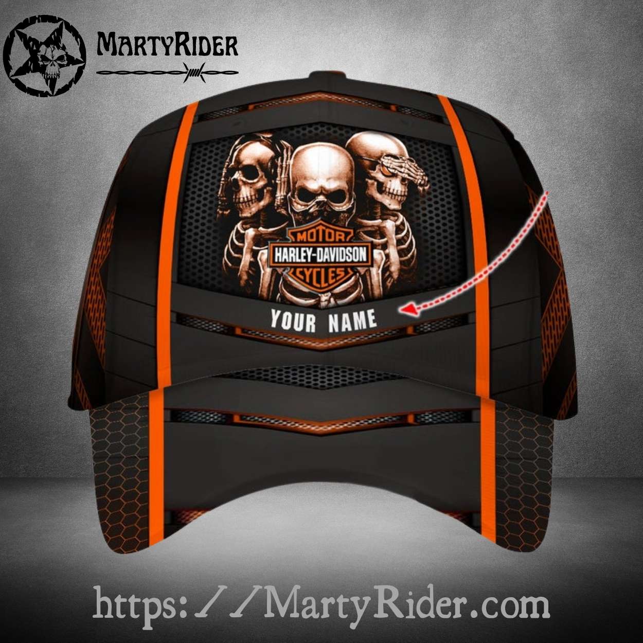 Three Skulls Harley Davidson Caps – Orange Bold Look Three Skulls Harley Davidson Caps – Orange Bold Look