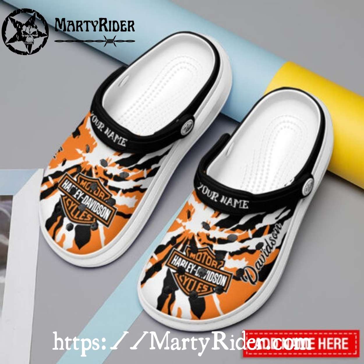Tiger Scratch Custom Harley Davidson Crocs in Orange Tiger Scratch Custom Harley Davidson Crocs in Orange