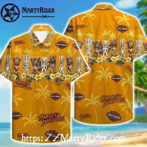 Tiki Totem And Floral Harley Davidson Aloha Shirt Yellow