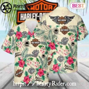 Tropical Cream Harley Davidson Aloha Shirt With Hibiscus Print