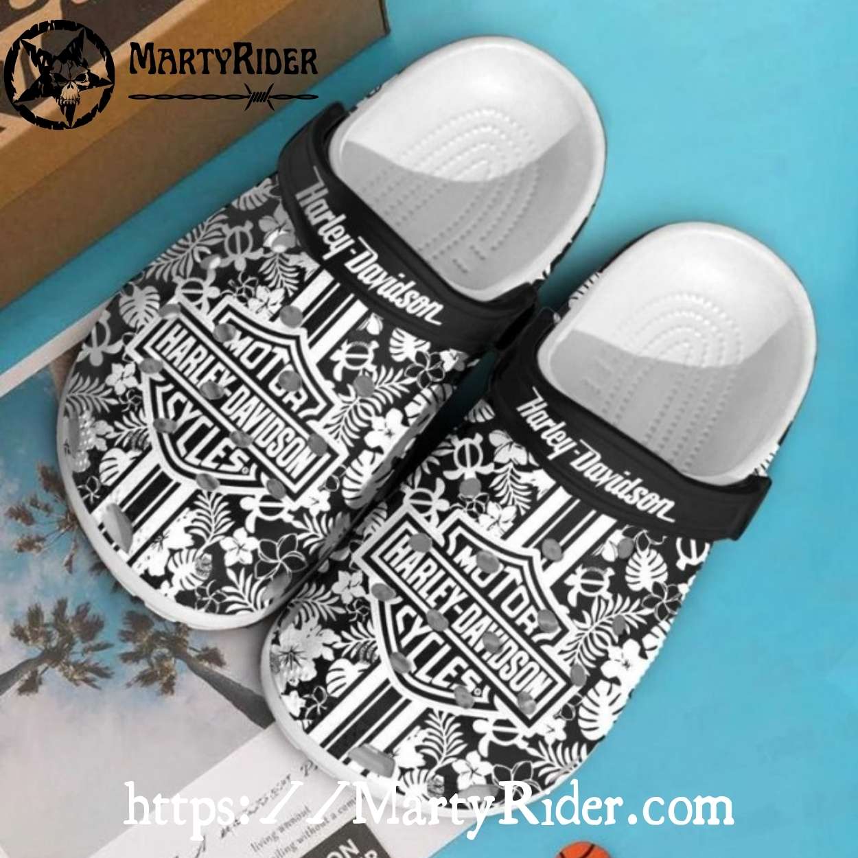 Tropical Floral Harley Davidson Crocs in Black White Tropical Floral Harley Davidson Crocs in Black White