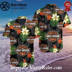 Tropical Flowers Logo Harley Davidson Aloha Shirt Black