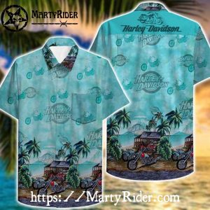 Tropical Garage Scene Harley Davidson Aloha Shirt Aqua Blue
