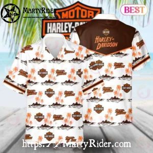 Tropical Island Harley Davidson Aloha Shirt In White And Brown