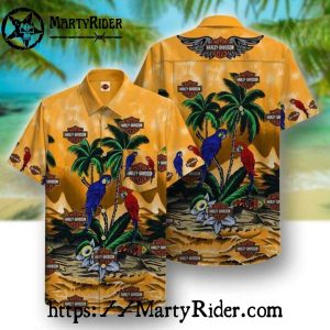 Tropical Parrot And Palm Harley Davidson Aloha Shirt