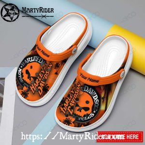 Tropical Skull Harley Davidson Crocs Custom Orange
